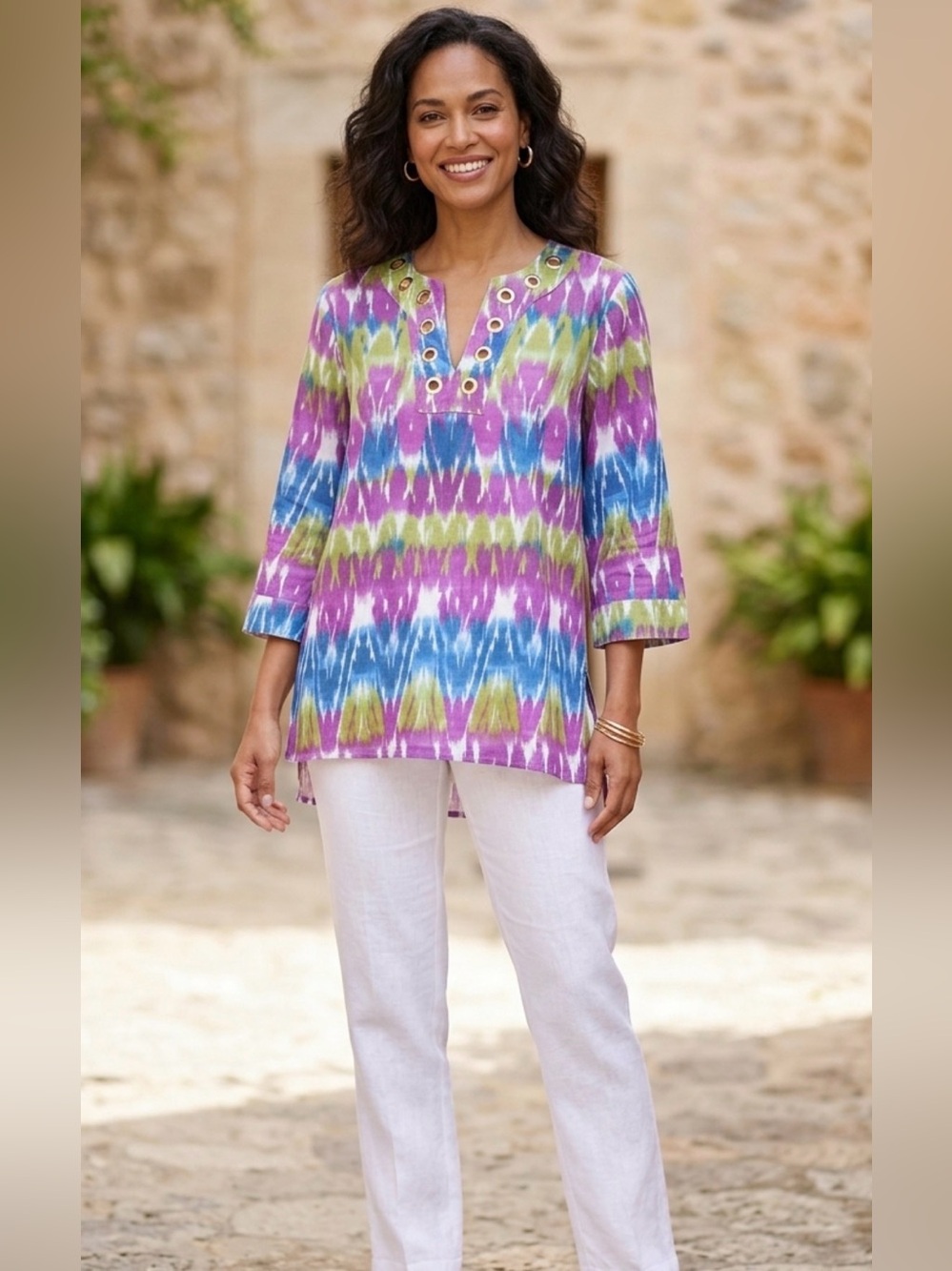 OSO Casuals Linen Cotton Ikat Tunic Top Grommet V Neck Boho Size M Colorful